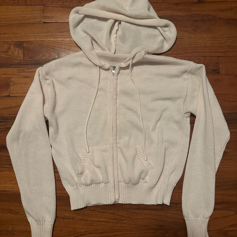 Cream Hooded Zip-Up Sweater